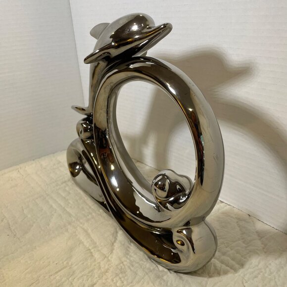 Large Vintage Herco Dolphin Figurine On Wave Decorative Sculpture Chrome Modern - Picture 4 of 12